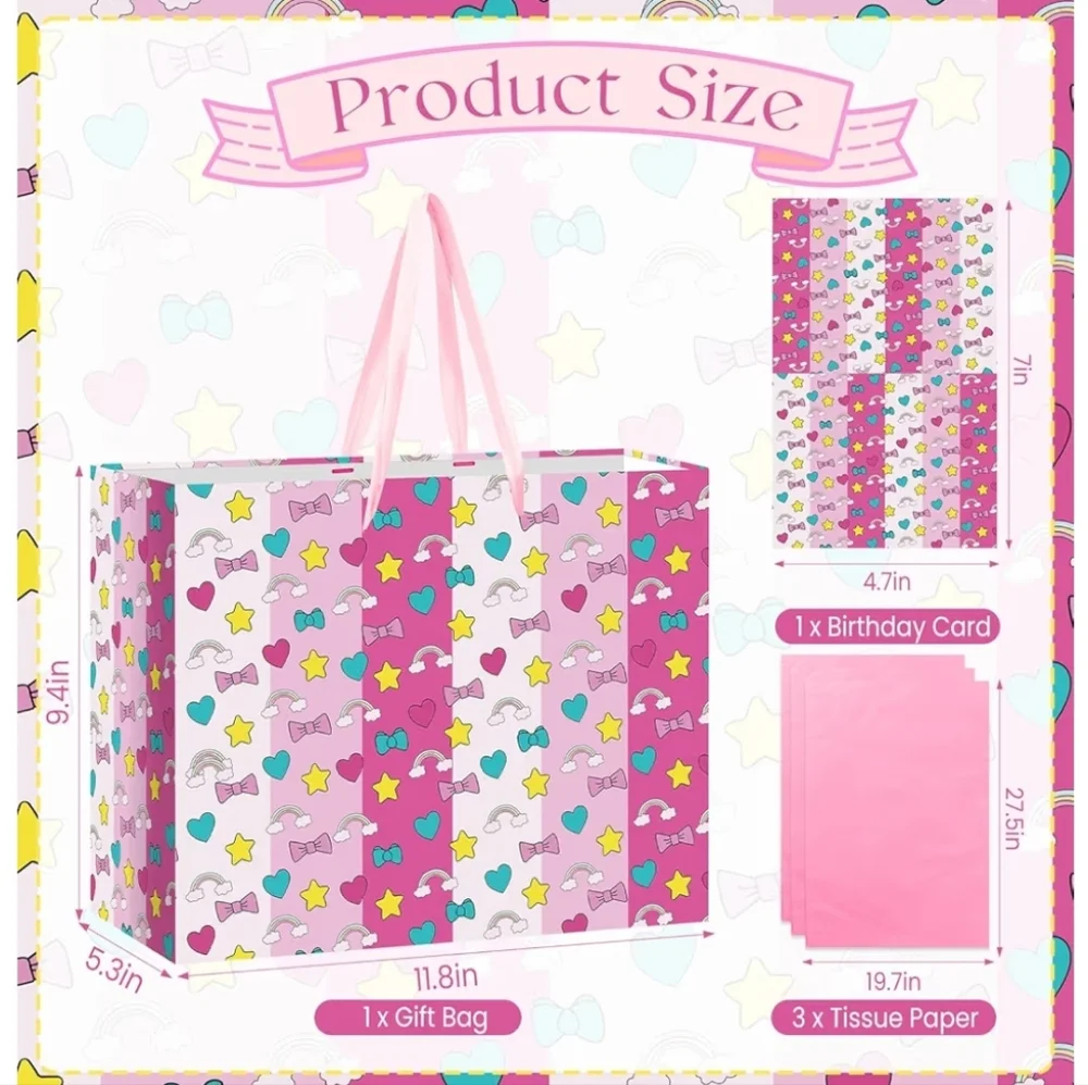 Kawaii Birthday Paper Gift Bag Bundle (12) Tissue Paper & Card Included